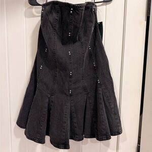 Strapless Black Denim A-Line Skirt with Stud Detail